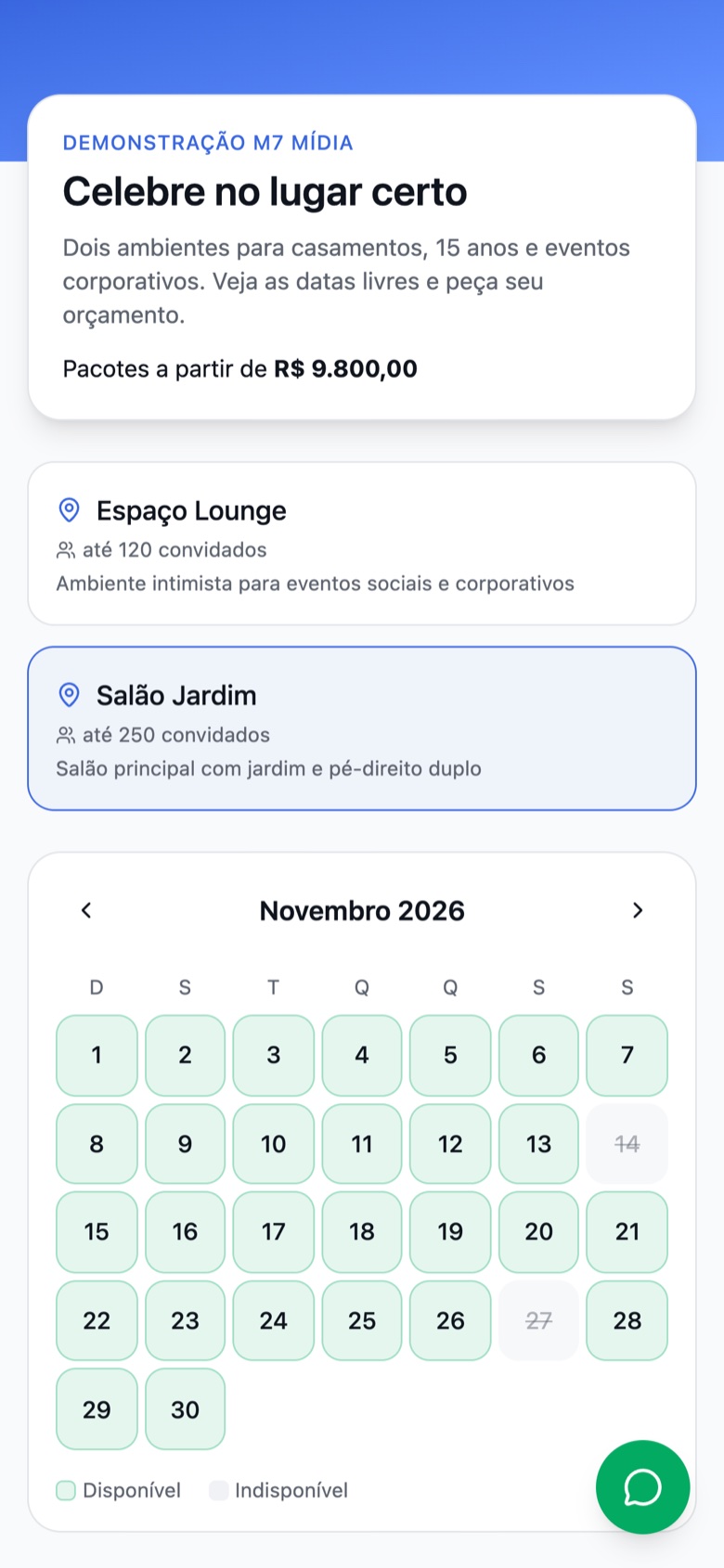 Página de datas livres no celular